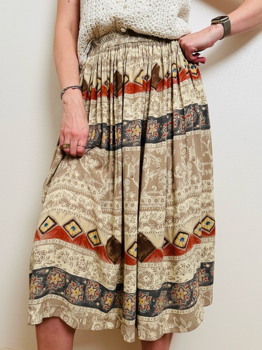Vintage Coldwater Creek Rayon Skirt Petite Tribal Boho Aztec Pattern Made in USA - Picture 3 of 11
